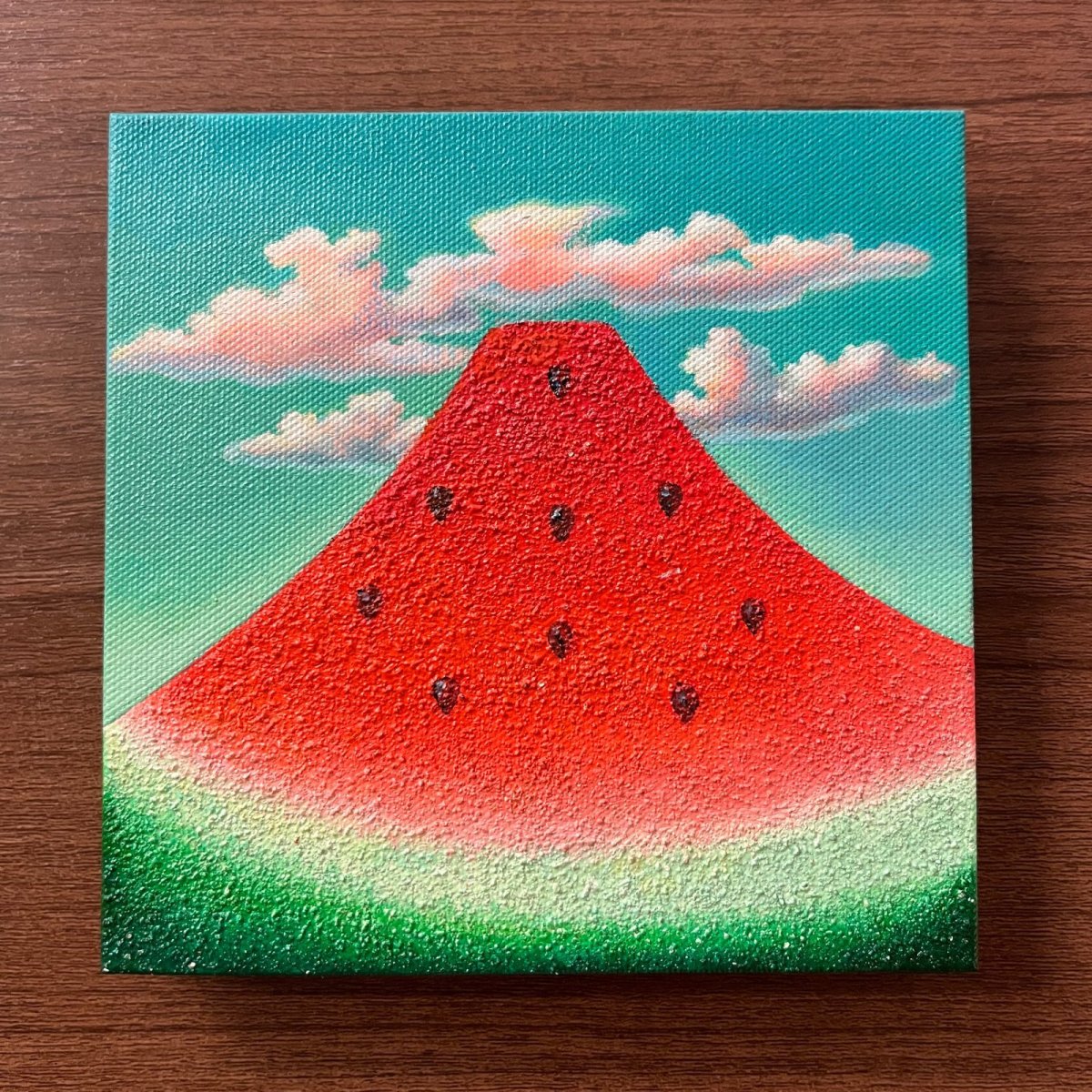 画像1: スイカ富士山 キャンバス 15x15cm Fujisan as a watermelon (原画) (1)