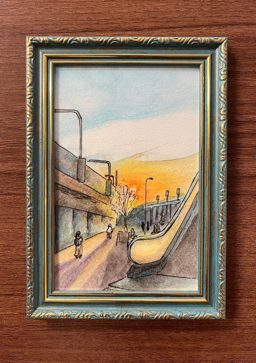 画像1: 駅前の夕暮れ Dusk in front of the station 額サイズ 17.5x12.5cm (原画) (1)