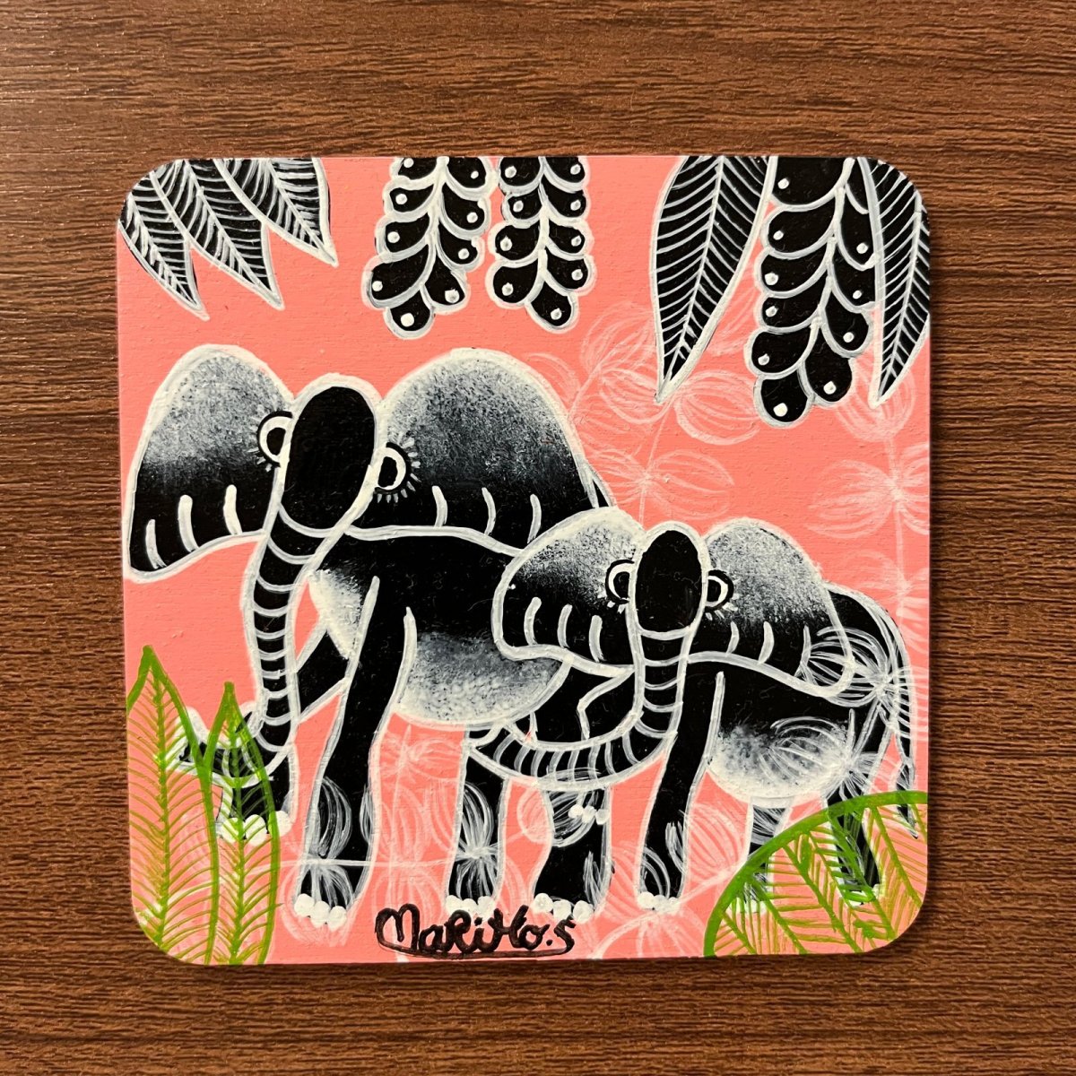 画像1: 白黒ゾウの親子 Black and white Elephants Mother and Child (原画) artist:mariho (1)