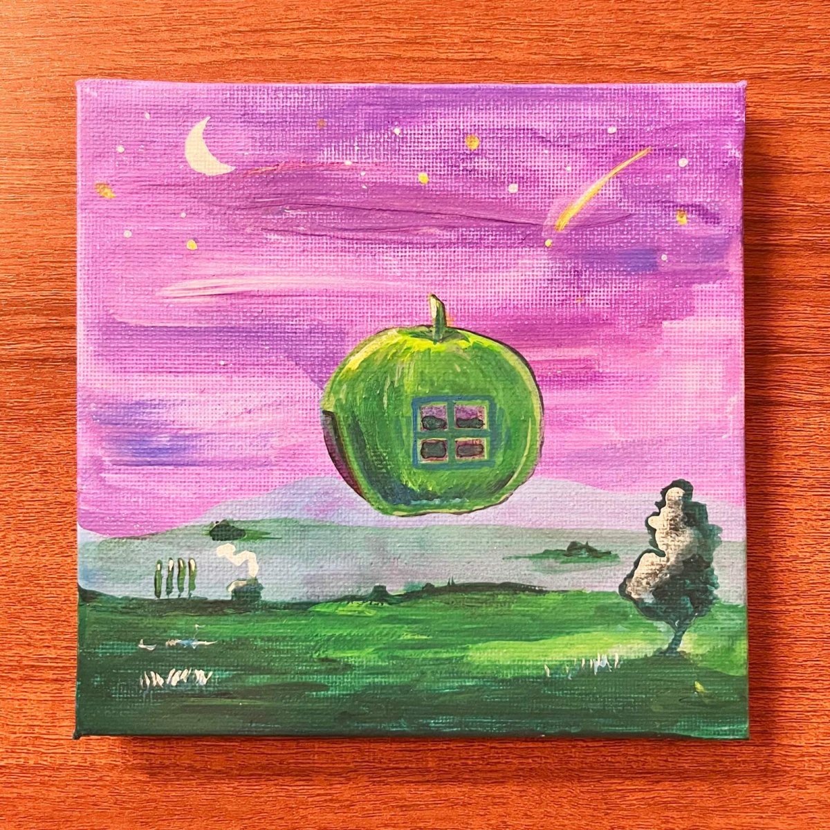 画像1: 空飛ぶりんご (キャンバス) Flying Apple (Canvas) 15x15cm (原画) artist: K.M.tk76 (1)