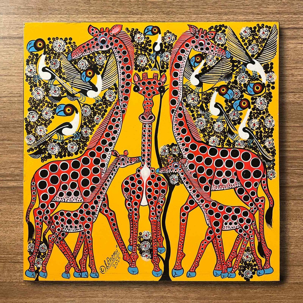 画像1: キリンの家族 Giraffe family ティンガティンガ 板 MDF 40x40cm (原画) artist:Michael Lehemu (1)